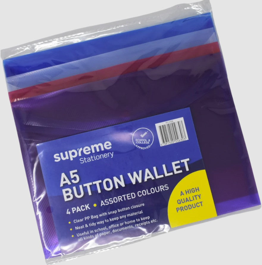 A5 Button Wallet Asst Colours 4 Pack Supreme
