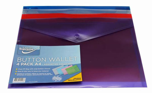 A4 Button Wallet Asst Colours 4 Pack Supreme