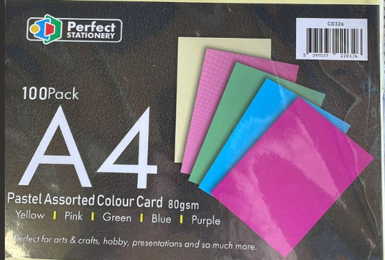 A4 Card Pastel Colours 100 Pack 80gsm